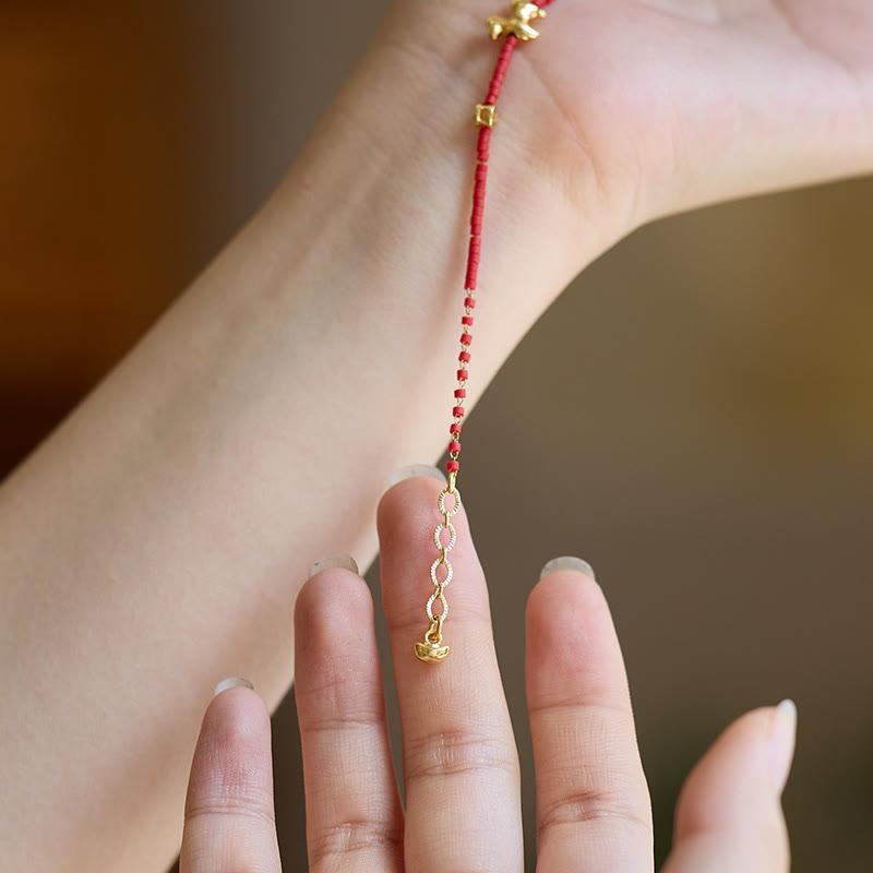 Buddha Stones925 スターリングシルバー ゴールドメッキ 馬年 レッド リュウリ ガラス 仏陀豊かさブレスレット - image 4