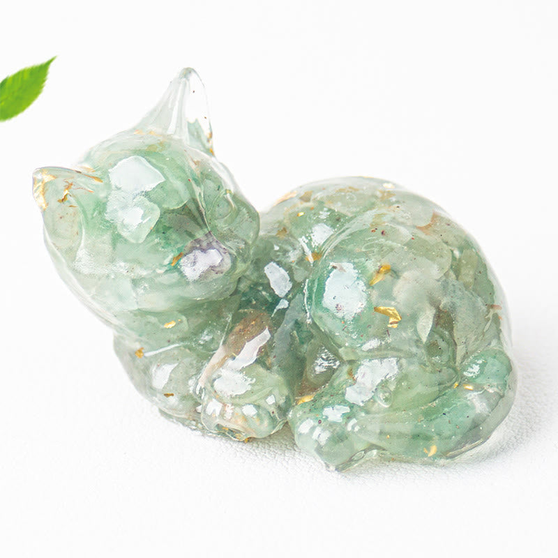 Buddha Stonesクリスタルチップエポキシ樹脂小さな猫ポジティブデコレーション  - グリーンアベンチュリン（32*43*53mm） - image 15
