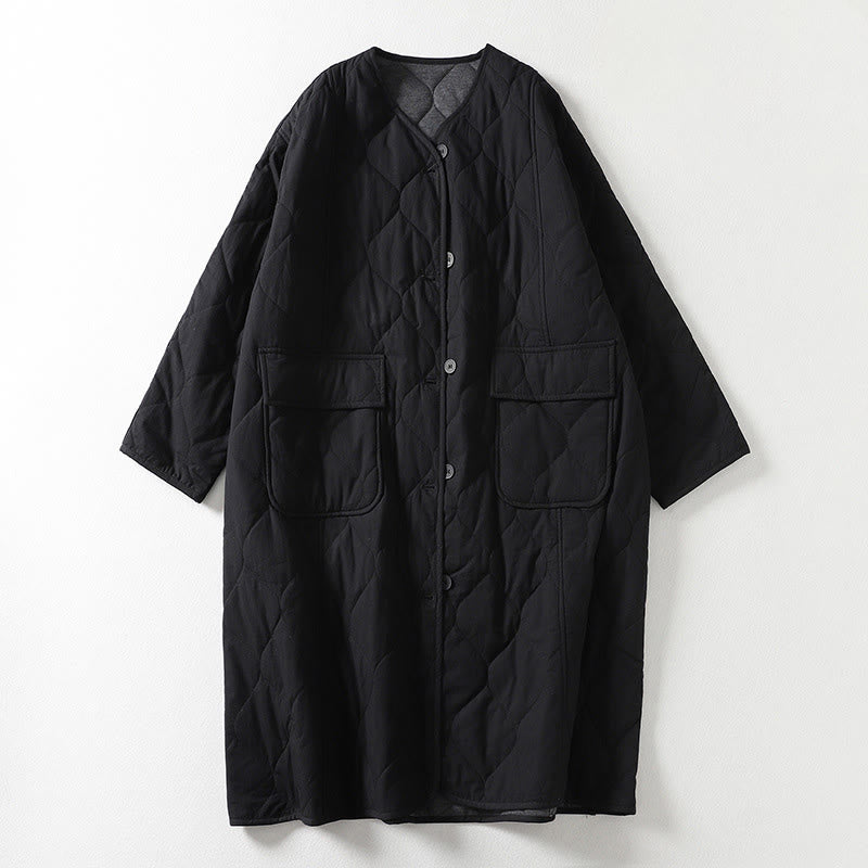 Buddha Stones無地ボタン Vネック 長袖 レディース コットンコート ポケット付き - 黒 - US14、 UK/AU18、 EU46 (2XL) - image 5