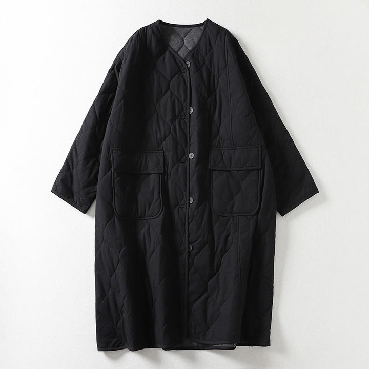 Buddha Stones無地ボタン Vネック 長袖 レディース コットンコート ポケット付き - 黒 - US14、 UK/AU18、 EU46 (2XL) - image 5