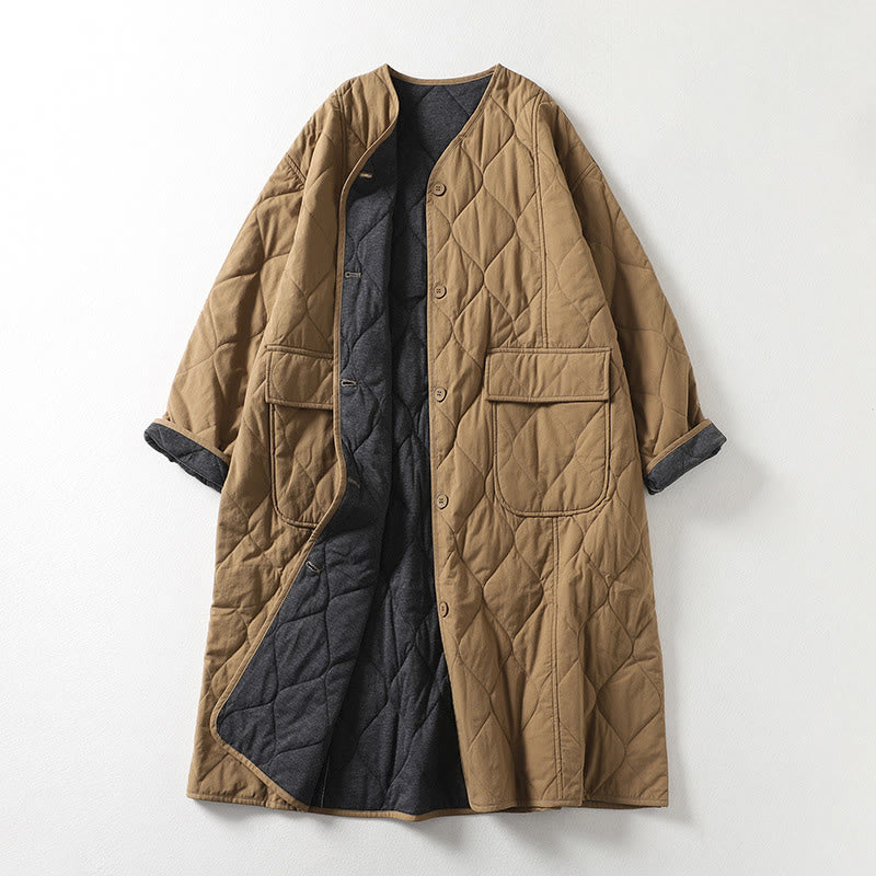 Buddha Stones無地ボタン Vネック 長袖 レディース コットンコート ポケット付き - タン - US14、 UK/AU18、 EU46 (2XL) - image 0