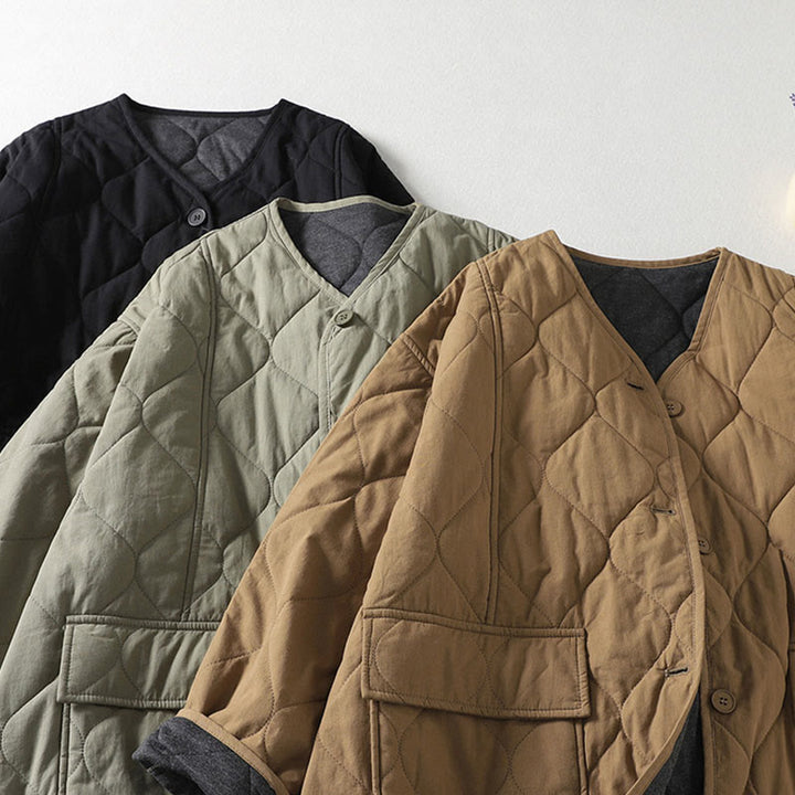 Buddha Stones無地ボタン Vネック 長袖 レディース コットンコート ポケット付き - image 8