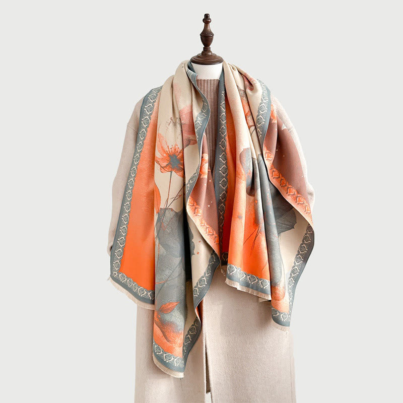 Buddha Stones冬の水墨画 蓮の花 葉模様 ソフトスカーフ ショール - サンディブラウン - 180×65cm - image 0