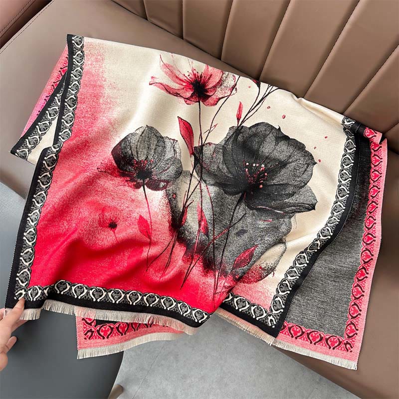 Buddha Stones冬の水墨画 蓮の花 葉模様 ソフトスカーフ ショール - トマト - 180×65cm - image 4