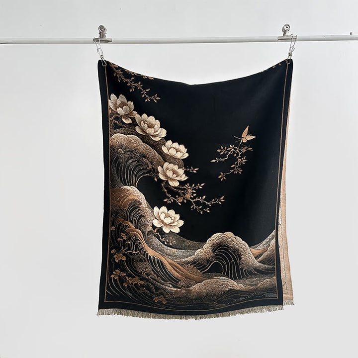 Buddha Stones、秋の蓮の花、海の波模様、ソフトスカーフ、タッセルショール - image 1