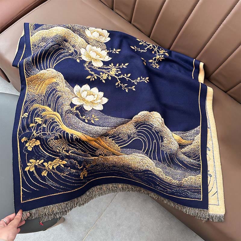 Buddha Stones、秋の蓮の花、海の波模様、ソフトスカーフ、タッセルショール - image 10