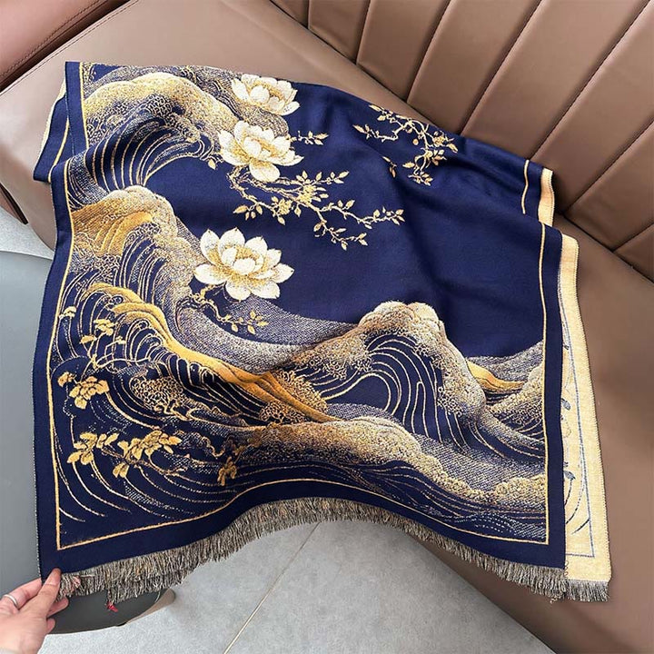 Buddha Stones、秋の蓮の花、海の波模様、ソフトスカーフ、タッセルショール - image 10