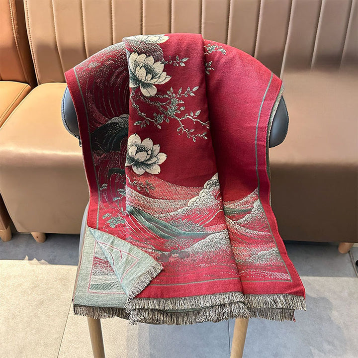 Buddha Stones、秋の蓮の花、海の波模様、ソフトスカーフ、タッセルショール - image 6