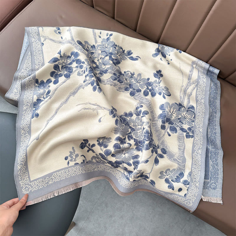 Buddha Stonesと秋の桃の花の枝柄の柔らかいスカーフショール - ライトスチールブルー - 180×65センチ - image 10