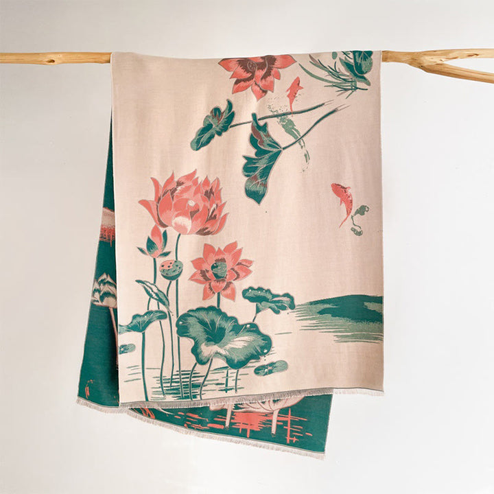 Buddha Stones、秋の蓮、鯉、トンボ柄、心地よいスカーフショール - image 1