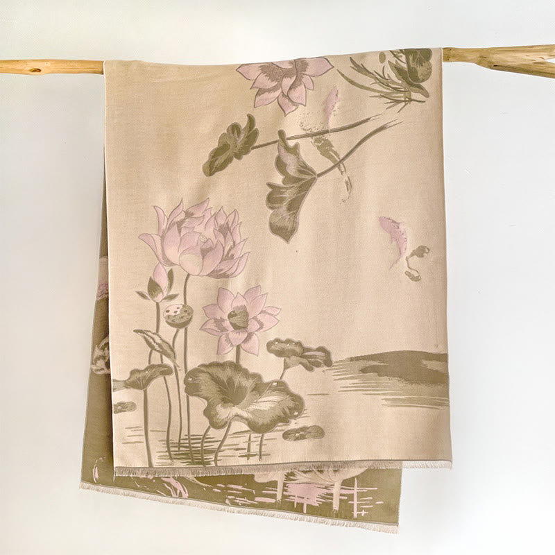 Buddha Stones、秋の蓮、鯉、トンボ柄、心地よいスカーフショール - アンティークホワイト - 180×65センチ - image 12