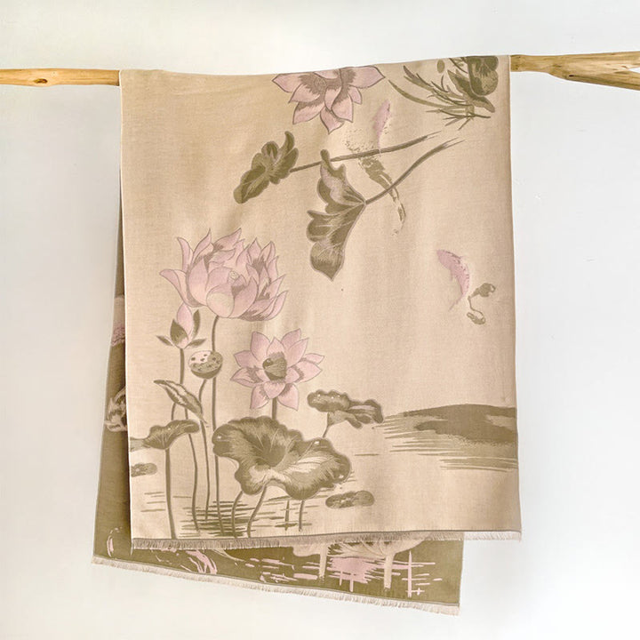 Buddha Stones、秋の蓮、鯉、トンボ柄、心地よいスカーフショール - アンティークホワイト - 180×65センチ - image 12