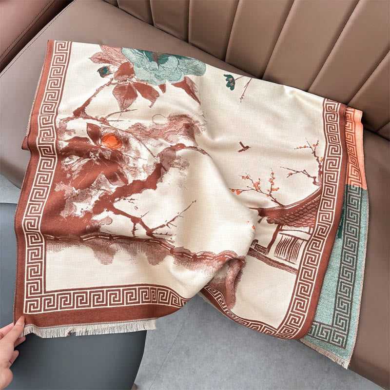 Buddha Stonesと秋の梅の花の軒先水墨画模様の心地よいスカーフショール - image 1