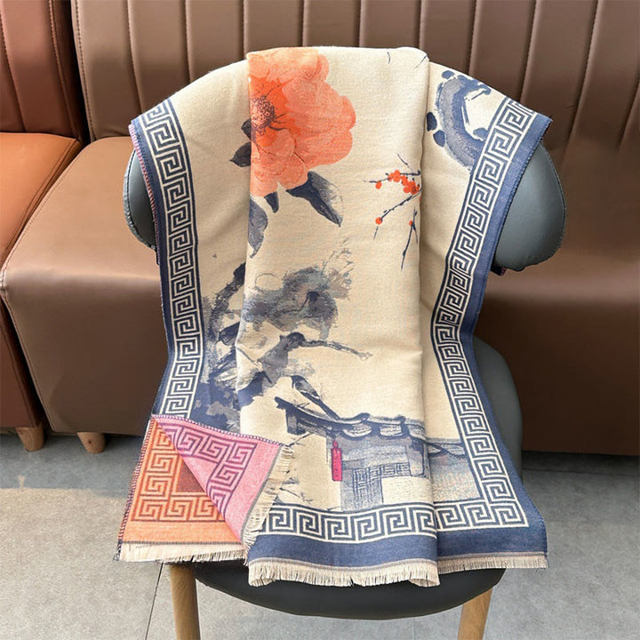 Buddha Stonesと秋の梅の花の軒先水墨画模様の心地よいスカーフショール - image 11