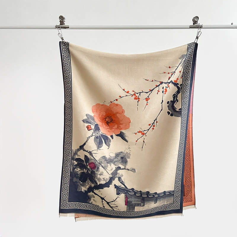 Buddha Stonesと秋の梅の花の軒先水墨画模様の心地よいスカーフショール - image 9