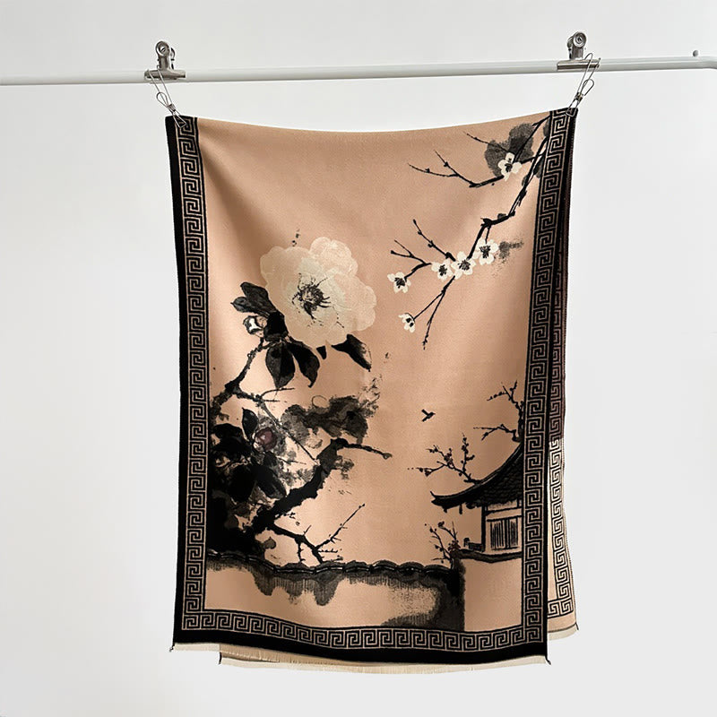 Buddha Stonesと秋の梅の花の軒先水墨画模様の心地よいスカーフショール - image 17