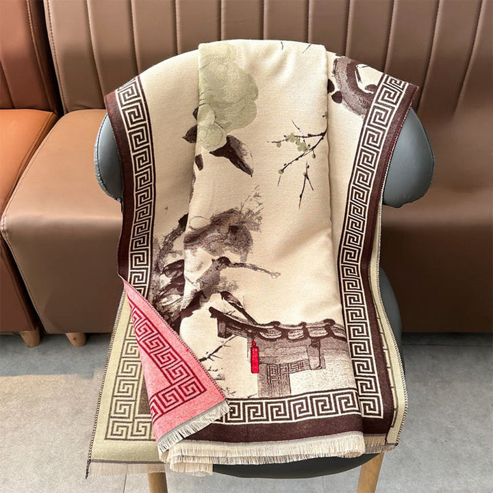 Buddha Stonesと秋の梅の花の軒先水墨画模様の心地よいスカーフショール - image 14