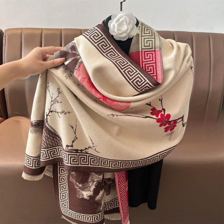 Buddha Stonesと秋の梅の花の軒先水墨画模様の心地よいスカーフショール - image 13