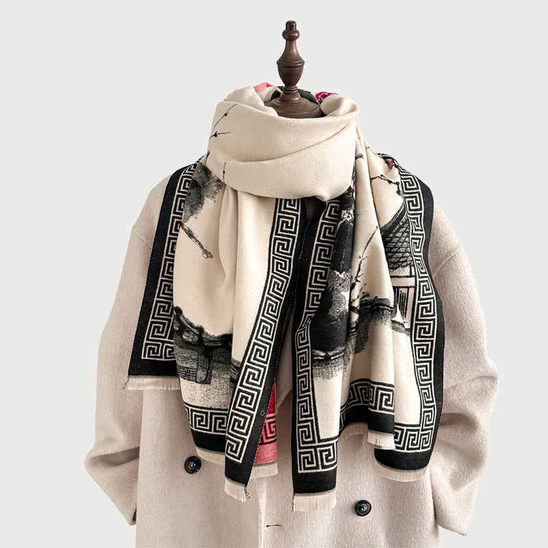 Buddha Stonesと秋の梅の花の軒先水墨画模様の心地よいスカーフショール - image 6