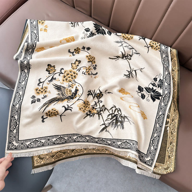 Buddha Stones、冬の鳥、竹の葉、蔓模様のソフトスカーフショール - ベージュ - 180×65cm - image 8