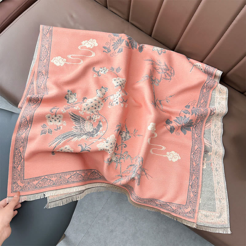 Buddha Stones、冬の鳥、竹の葉、蔓模様のソフトスカーフショール - image 2