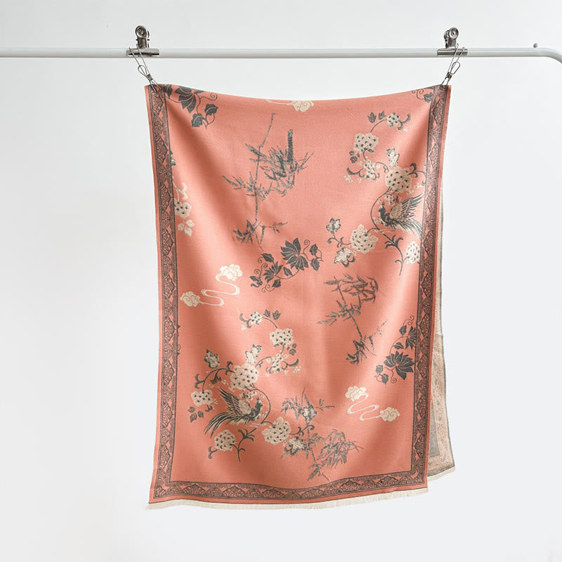 Buddha Stones、冬の鳥、竹の葉、蔓模様のソフトスカーフショール - image 1