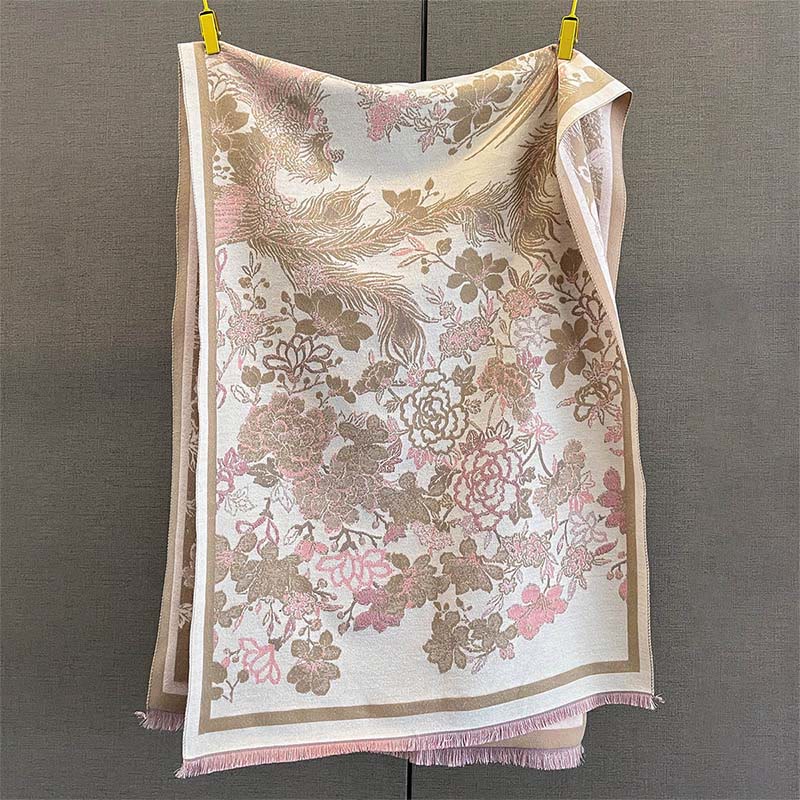 Buddha Stonesと秋の鳳凰の花柄のソフトスカーフショール - ダークカーキ - 185×65cm - image 4