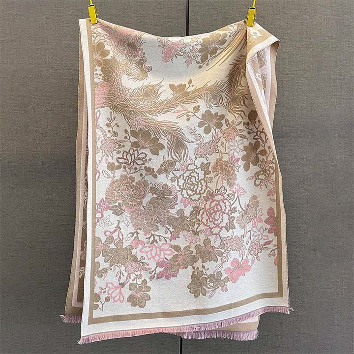 Buddha Stonesと秋の鳳凰の花柄のソフトスカーフショール - ダークカーキ - 185×65cm - image 4