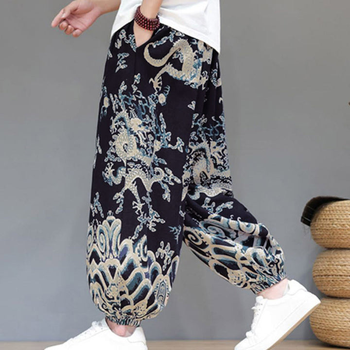 Buddha Stones夏 ドラゴン ドローストリングデザイン コットンリネン メンズ ハーレムパンツ ポケット付き - image 13
