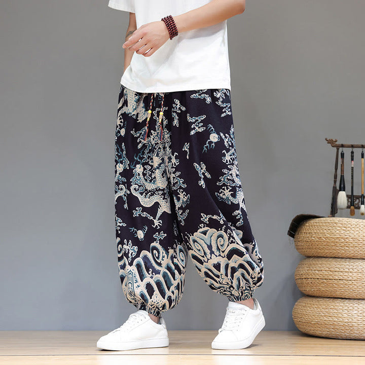 Buddha Stones夏 ドラゴン ドローストリングデザイン コットンリネン メンズ ハーレムパンツ ポケット付き - image 16