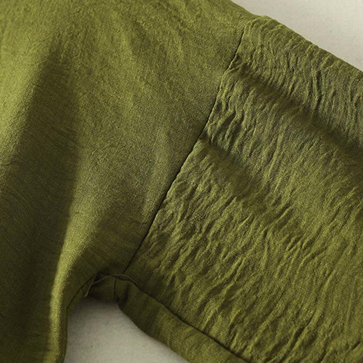 Buddha Stonesカジュアル オリーブグリーン クルーネック レディース コットンリネン 長袖シャツ - image 5