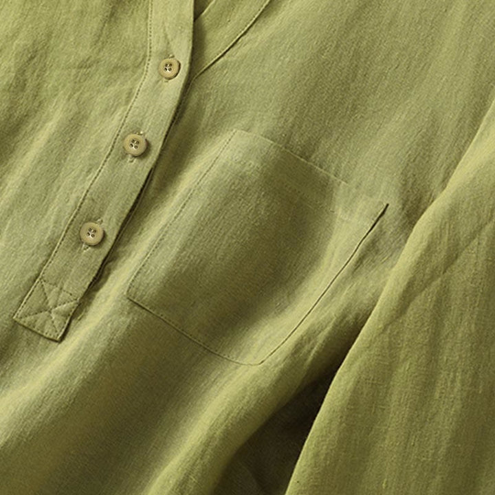 Buddha Stones春 ダークカーキ スタンドカラー ハーフボタンデザイン レディース 長袖シャツ - image 6