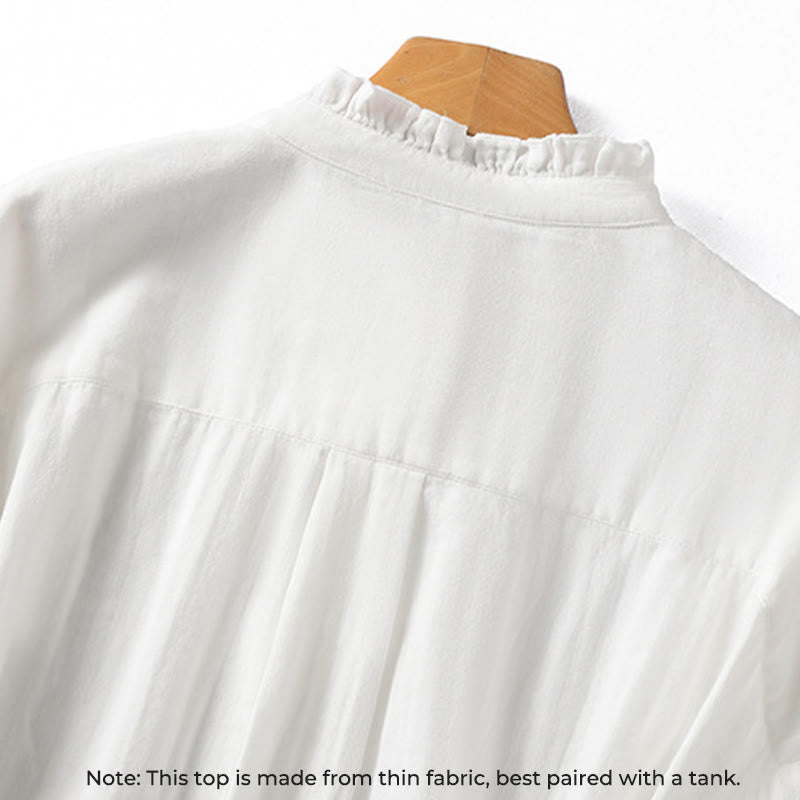 Buddha Stonesホワイト フリルカラー 長袖 レディース コットンシャツ - image 4