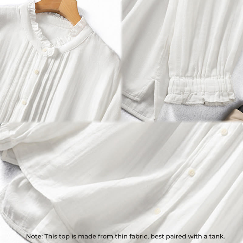 Buddha Stonesホワイト フリルカラー 長袖 レディース コットンシャツ - image 9