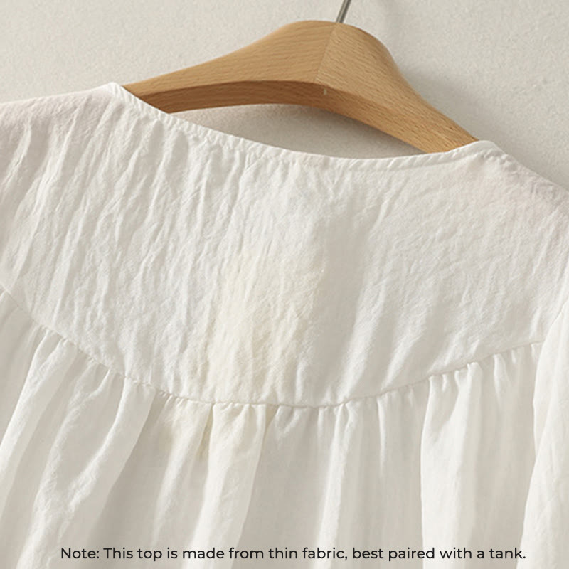 Buddha Stonesホワイトボタン フリル 長袖 レディース コットンシャツ - image 3