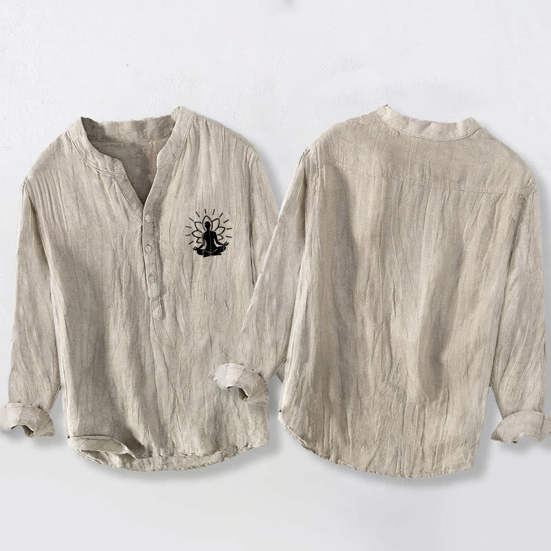 Buddha Stones瞑想する仏陀 蓮の模様 ハーフボタン メンズ コットンリネン 長袖シャツ - image 5