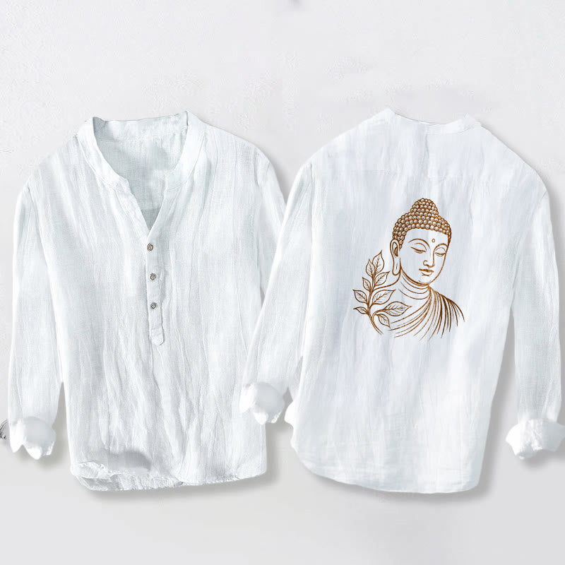 Buddha Stonesと穏やかな仏葉柄のハーフボタンメンズコットンリネン長袖シャツ - 白 - US/UK/AU50、EU60 (5XL) - image 0