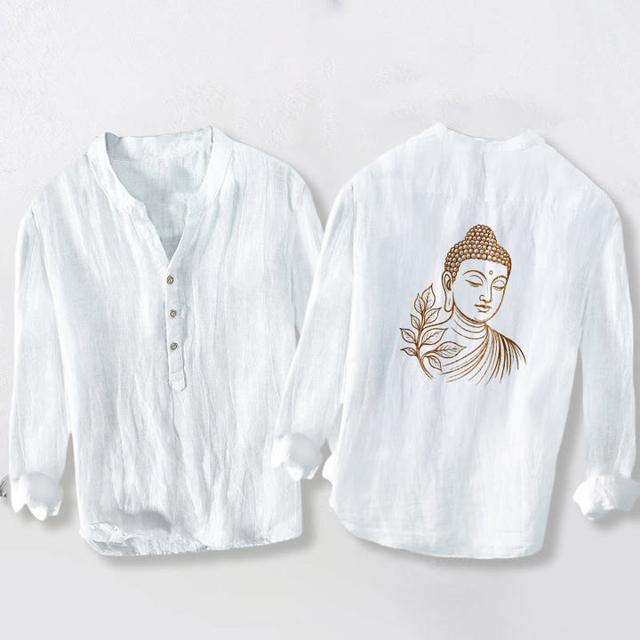 Buddha Stonesと穏やかな仏葉柄のハーフボタンメンズコットンリネン長袖シャツ - 白 - US/UK/AU50、EU60 (5XL) - image 0