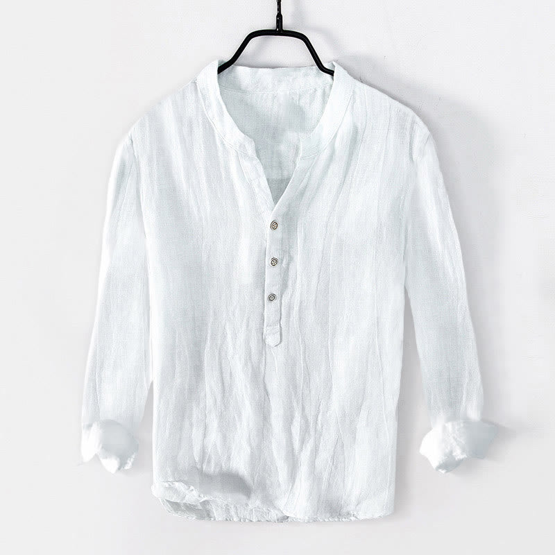 Buddha Stonesと穏やかな仏葉柄のハーフボタンメンズコットンリネン長袖シャツ - image 1