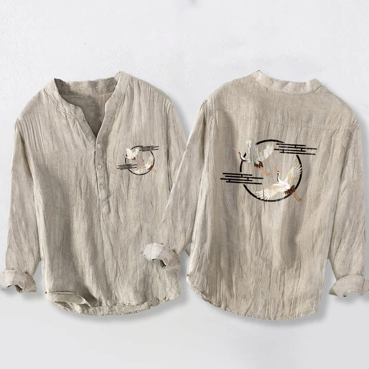 Buddha Stonesと舞い上がる白鶴模様の半ボタンメンズコットンリネン長袖シャツ - リネン - US/UK/AU50、EU60 (5XL) - image 6