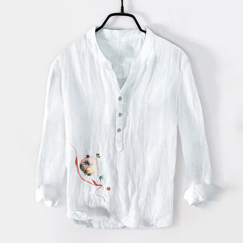 Buddha Stones、蝶、竹ランタン柄、ハーフボタン、メンズコットンリネン長袖シャツ - 白 - US/UK/AU50、EU60 (5XL) - image 3