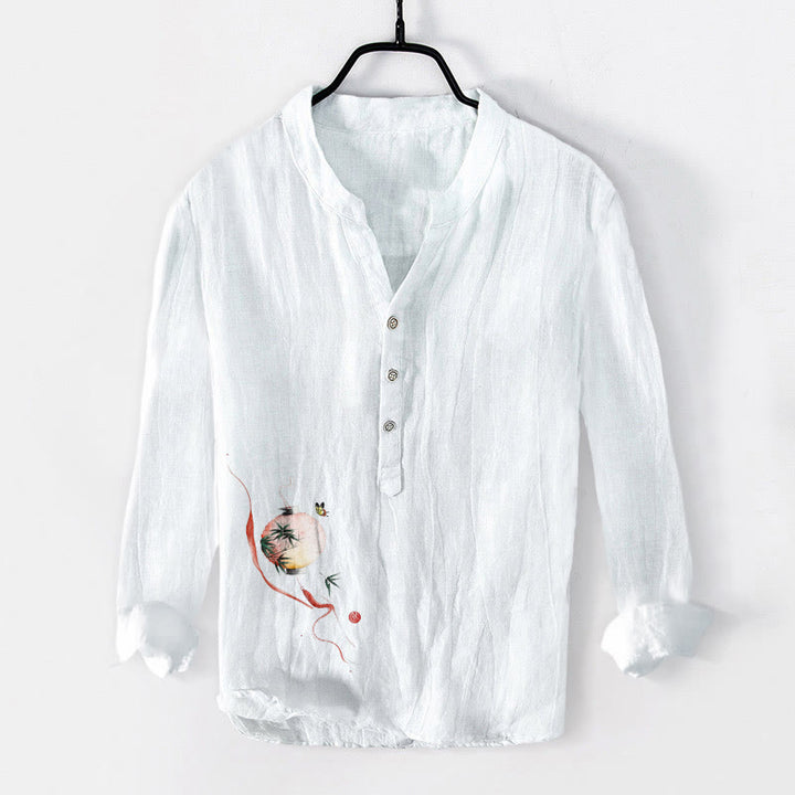 Buddha Stones、蝶、竹ランタン柄、ハーフボタン、メンズコットンリネン長袖シャツ - 白 - US/UK/AU50、EU60 (5XL) - image 3