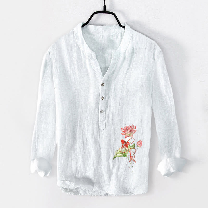 Buddha Stonesと鯉の泳ぐ蓮の模様のハーフボタンメンズコットンリネン長袖シャツ - 白 - US/UK/AU50、EU60 (5XL) - image 0