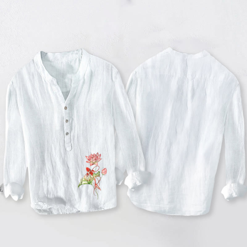 Buddha Stonesと鯉の泳ぐ蓮の模様のハーフボタンメンズコットンリネン長袖シャツ - image 2