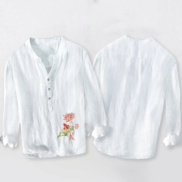 Buddha Stonesと鯉の泳ぐ蓮の模様のハーフボタンメンズコットンリネン長袖シャツ - image 2