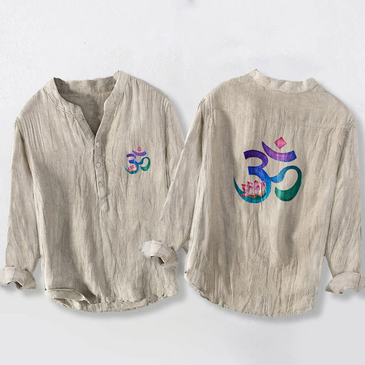 Buddha Stonesと蓮のOMシンボル柄 ハーフボタン メンズ コットンリネン 長袖シャツ - リネン - US/UK/AU50、EU60 (5XL) - image 3