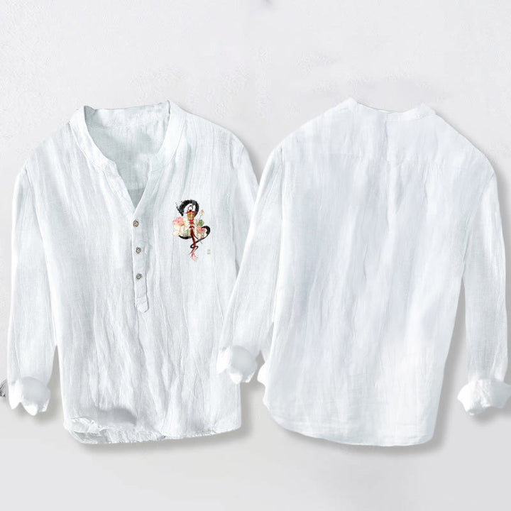 Buddha Stones龍蓮ランタン柄ハーフボタンメンズコットンリネン長袖シャツ - image 5