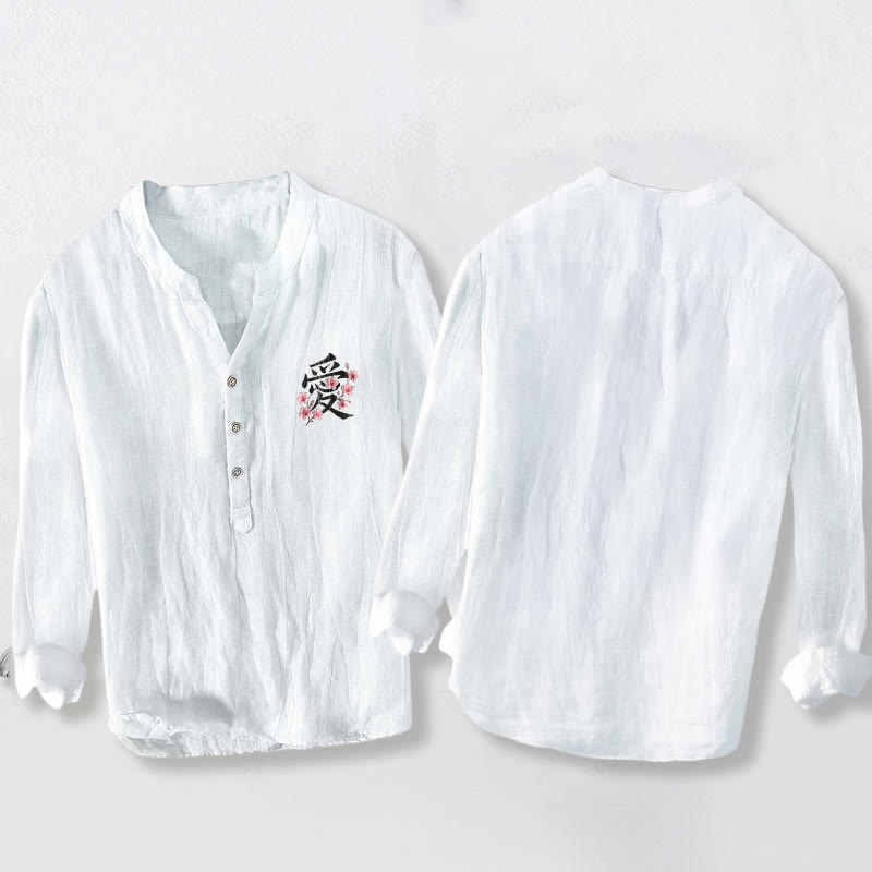 Buddha Stones桃の花 愛 キャラクター柄 ハーフボタン メンズ コットンリネン 長袖シャツ - image 8