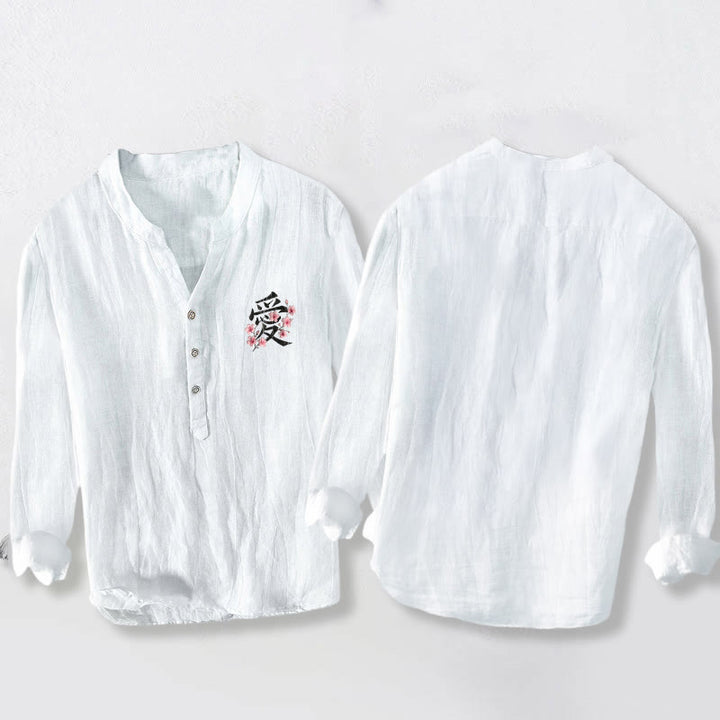 Buddha Stones桃の花 愛 キャラクター柄 ハーフボタン メンズ コットンリネン 長袖シャツ - image 8