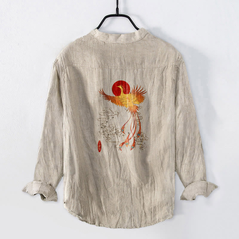 Buddha Stones、鳳凰、雲、赤い太陽の模様、ハーフボタン、メンズコットンリネン長袖シャツ - image 1